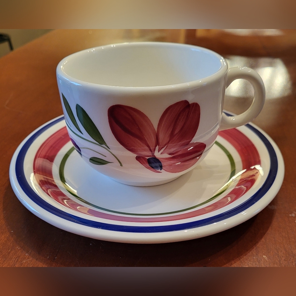 2 Pc Maxam Italian Flowers 10 oz Cup & 8" Plate Handpainted Italy Coffee Dessert